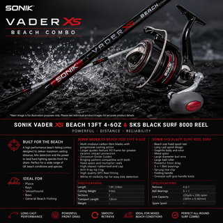 Sonik Vader XS Beach Rod 13ft 4-6oz & Sonik SKS Black Surf 8000 Beach Combo by Taskers Angling