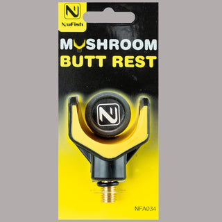 NuFish Mushroom Butt Rest packaging with black and yellow design on a gray background