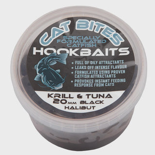 Bait-Tech Cat Bites 20mm Pre Drilled  Black Halibut Krill & Tuna (350g)