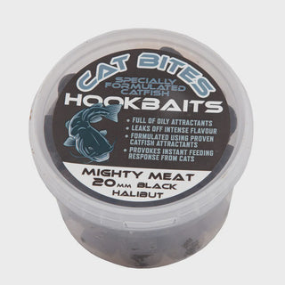 Bait-Tech Cat Bites 20mm Pre Drilled  Black Halibut Mighty Meat (350g)